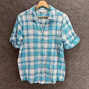 Emily Daniels Shirt Women S Small Blue Plaid Button Up Collared Short Sleeve